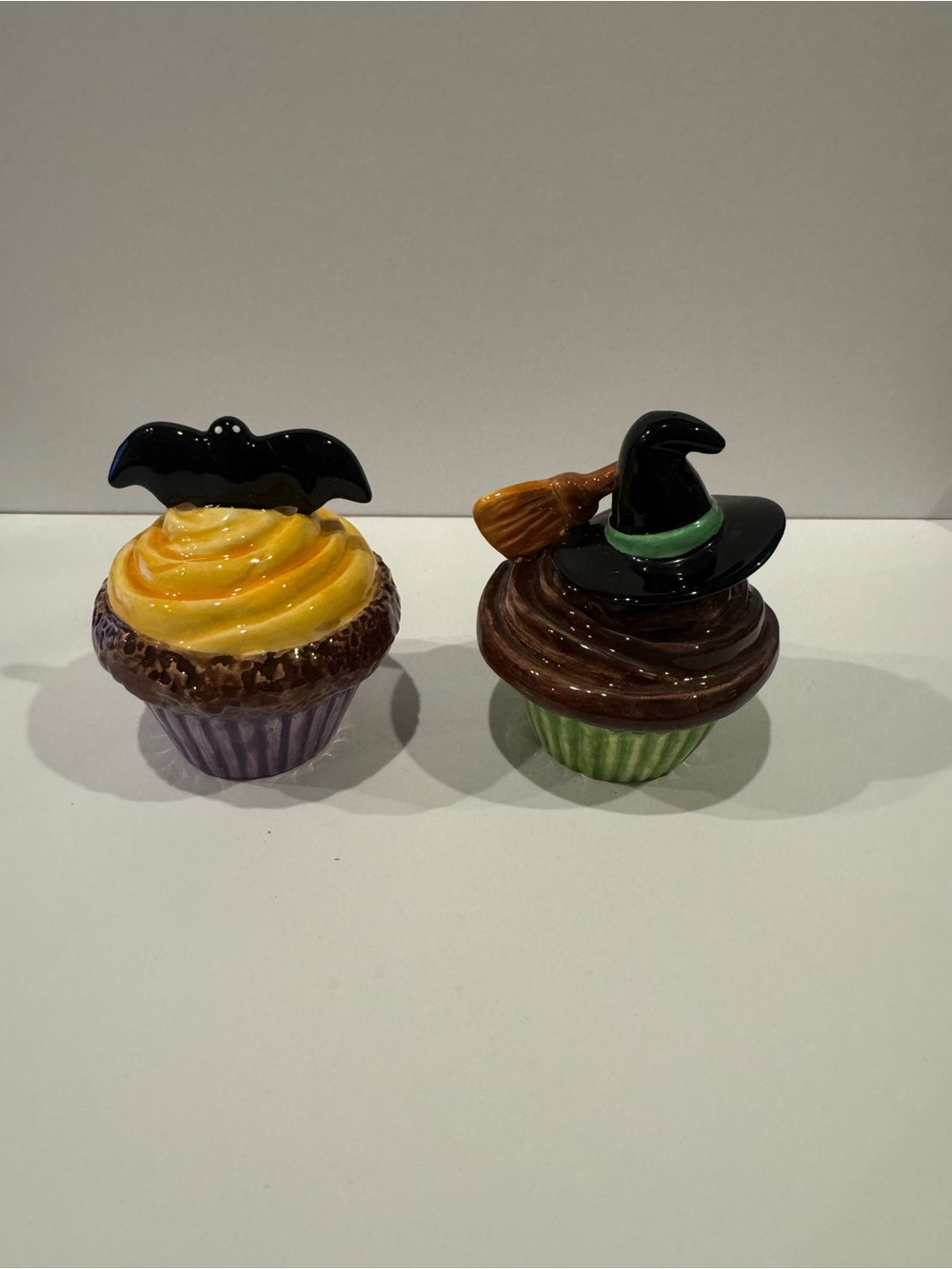 Halloween Ceramic Cupcake Bat and witch salt and pepper shakers